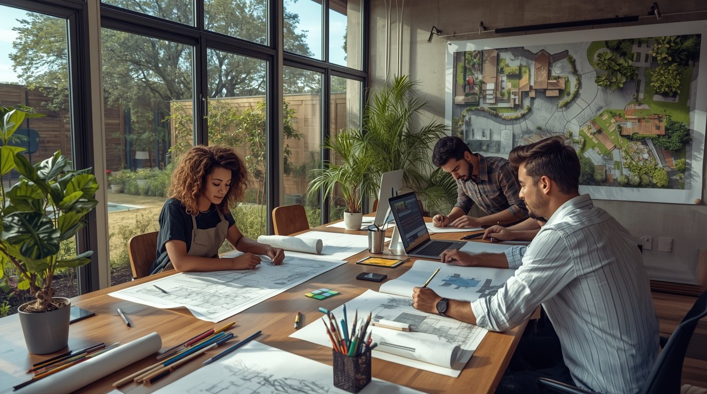 Garden design studio with architects working on landscape plans