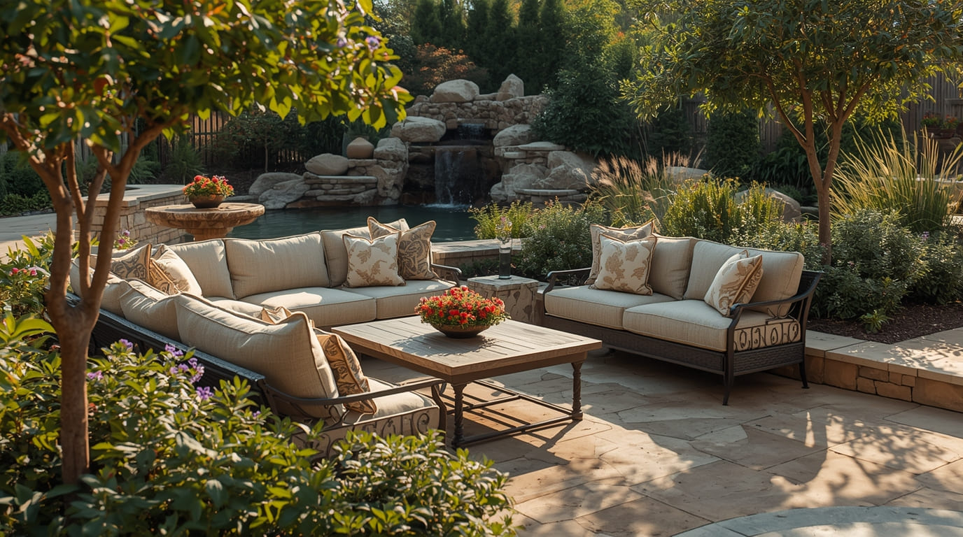 Beautiful outdoor living space with comfortable seating and strategic plantings
